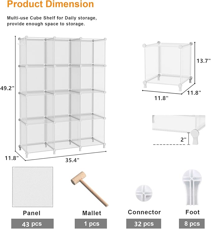 AWTATOS Cube Storage Organizer, Closet Organizers and Storage, 12 Cube Shelves Bookshelf, DIY Stackable Plastic Clothes Organizer Shelving for Bedroom, Home, Transparent Twill
