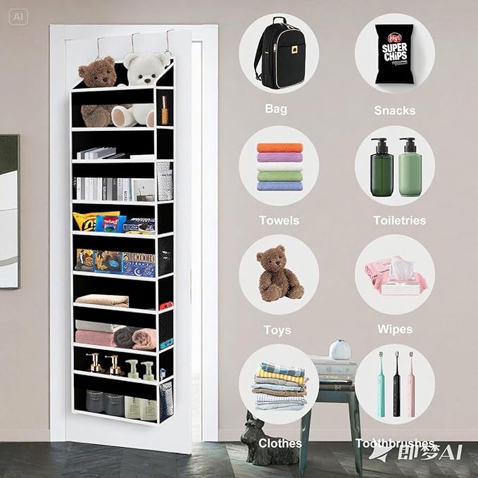 Over The Door Organizer Closet,5 Bins 10 Side Pockets,Hanging Organizer,Anti Tilt 44 lbs Load Door Organizers and Storage with Clear Window for Bedroom,Nursery,Rv,Bathroom,Camper(Pure Black)