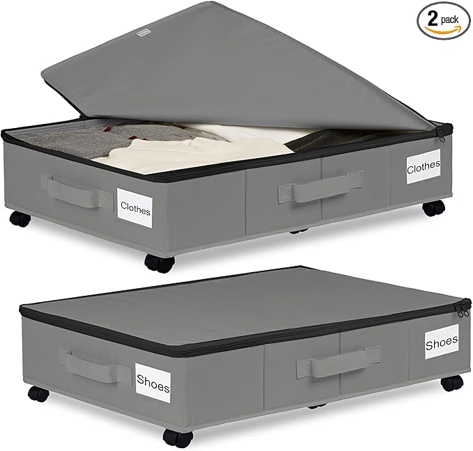 Under Bed Storage with Wheels, 2 Pack Under Bed Storage Containers with Label Holders for Clothes, Shoes and Blankets, Rolling Underbed Shoe Organizer with Cover, Grey (30.71x15.7x7.28 in)