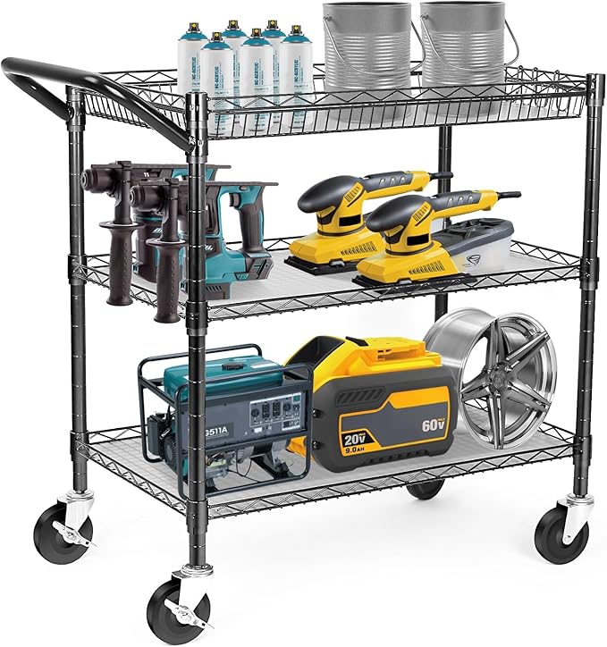 WDT Heavy Duty 3 Tier Utility Cart,Wire Rolling Cart with Wheels, Commercial Grade Service Cart with Shelving Liners and Handle Bar Metal Carts for Kitchen Office Hardware (750LBS Capacity Black)