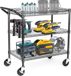WDT Heavy Duty 3 Tier Utility Cart,Wire Rolling Cart with Wheels, Commercial Grade Service Cart with Shelving Liners and Handle Bar Metal Carts for Kitchen Office Hardware (750LBS Capacity Black)