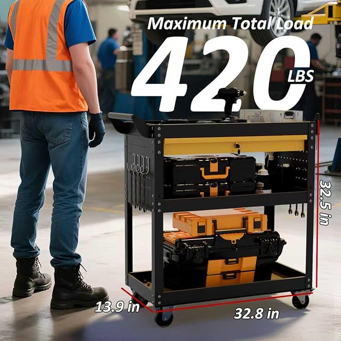 3 Tier Heavy Duty Rolling Tool Cart on Wheels with Drawer & Pegboard, 420Lbs Capacity Mobile Garage Storage Organizer Cart for Mechanics, Workshop
