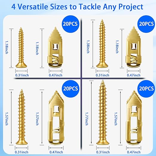 81 Pcs Self Drilling Drywall Anchors with Screws, Upgraded 4 Sizes No-Drill Expansion Anchors and Screws for Heavy Duty, Holds 100Lbs for Wall Decors, TV, Cabinets, Curtains, Includes PH2 Bit