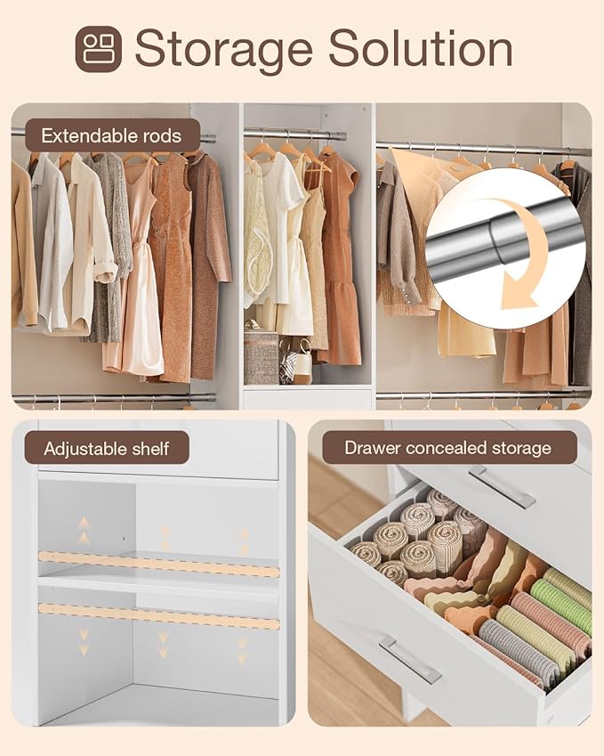 Closet System with Drawer, 5-8FT Closet Organizers System with 5 Adjustable Hanging Rods and Shoe Rack, Heavy Duty Walk in Closet Organizers and Storage with Drawers, White