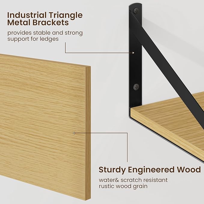 Fun Memories Floating Shelves for Wall, 12 Inch Deep Floating Shelves Set of 2, 16W x 12D Large Wall Shelf with Sturdy Metal Brackets for Living Room, Bathroom, Bedroom and Kitchen, Oak