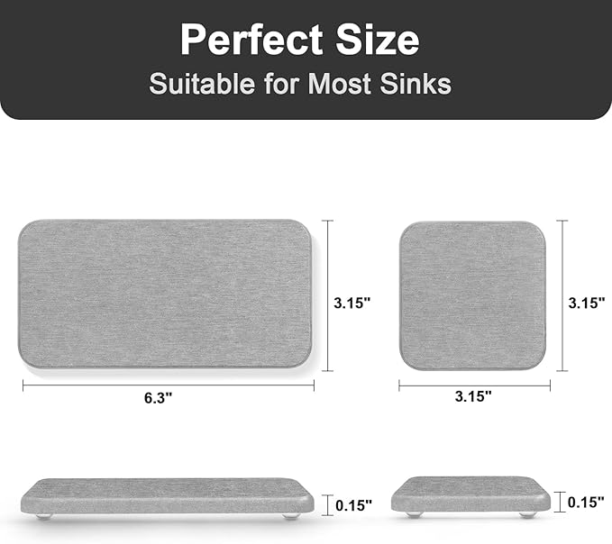 Water Absorbing Stone Tray for Sink | Quick Drying Diatomaceous Earth Coasters | Soap Dish Holder & Toothbrush Holder for Bathroom Counter | Hand Soap & Plant & Toiletries | Grey 4-Pack