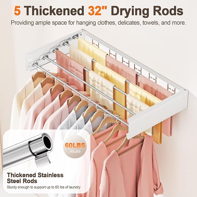Wall Mounted Clothes Drying Rack Folding Indoor, Foldable Laundry Drying Rack Collapsible,Invisible, Space Saving, Retractable Towel Drying Rack, with Wall Template(5 Drying Rods, White 32")