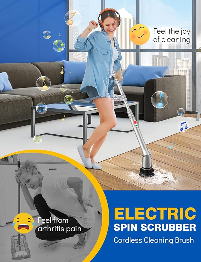 Rechargeable Cordless Electric Scrubber with 5 Cleaning Brush Heads, Powerful Adjustable Shower with Long Handle Extension Arm for Bathroom, Tub, Tile, Car, Floor