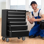 Tool Chest Cabinet, Large Capacity Metal Tool Box with Wheels and Cylinder Locking, Roll Around Storage Organizer Tool Cart for Garage, Redtool cabinets on Wheels (Black, 6-Drawer-Wheel)