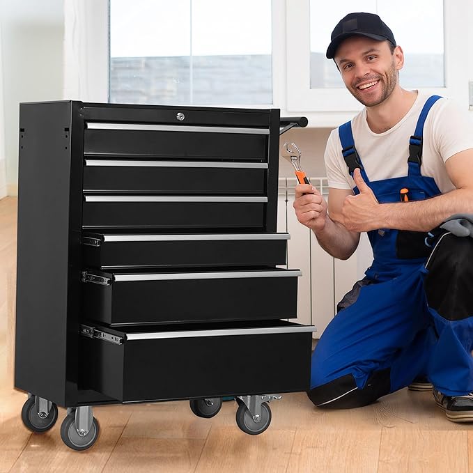 Tool Chest Cabinet, Large Capacity Metal Tool Box with Wheels and Cylinder Locking, Roll Around Storage Organizer Tool Cart for Garage, Redtool cabinets on Wheels (Black, 6-Drawer-Wheel)