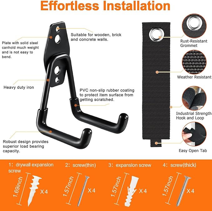 Heavy Duty Garage Hooks 4 Pack, 7.7 inch U Shaped Long Hanger, with 2 Extension Cord Holder Organizer, Wall Mounted Storage System, for Power and Garden Tool Hanging， Ladders, Bikes, Hose