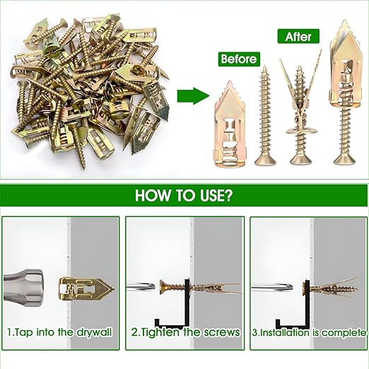 100Pcs Self-Drilling Drywall Anchors, 50Pcs Wall Anchors and 50 Pcs Screws, Drywall Anchors and Screw kit, Heavy-Duty Metal Wall Anchors, No Drilling Required, Easy to Use (100Pcs)