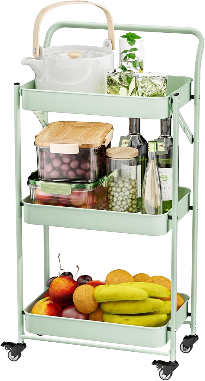 JAQ Foldable Rolling Cart, 3-Tier Metal Folding Storage Utility Carts Basket Rack Organizer with Handle on Wheels for Snacks Books Fruits for Kitchen Living Room Pantry Bathroom - (Green, 3-Layer)