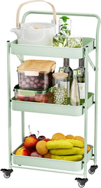 JAQ Foldable Rolling Cart, 3-Tier Metal Folding Storage Utility Carts Basket Rack Organizer with Handle on Wheels for Snacks Books Fruits for Kitchen Living Room Pantry Bathroom - (Green, 3-Layer)
