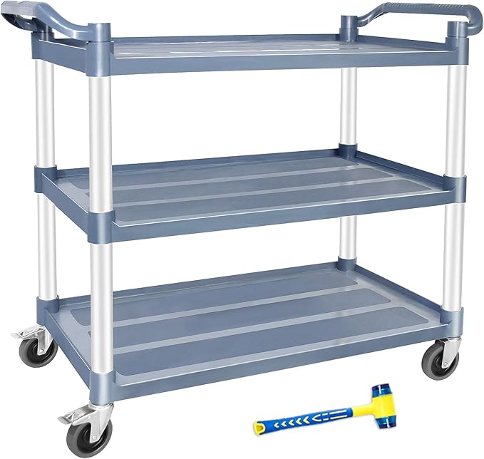 AQNIEGEP Utility Carts with Wheels, Large Food Kitchen Cart Heavy Duty, Rolling Service Cart w/Hammer for Restaurant, Office, Commercial, 600lbs Capacity, Lockable Wheels, 3-Tier