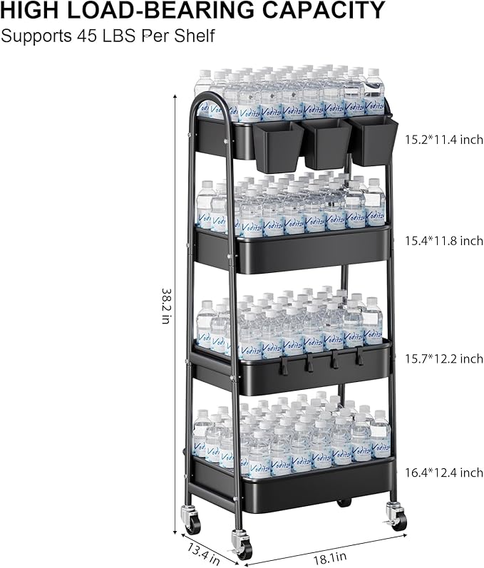 4 Tier Black Metal Rolling Cart with Lockable Wheels and Cups, Four Tiered Utility Storage Organizer on Wheels for Bathroom, Kitchen, Laundry, Garage, Office, Craft, Art, Baby Diaper, Snacks, Books