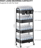 4 Tier Black Metal Rolling Cart with Lockable Wheels and Cups, Four Tiered Utility Storage Organizer on Wheels for Bathroom, Kitchen, Laundry, Garage, Office, Craft, Art, Baby Diaper, Snacks, Books