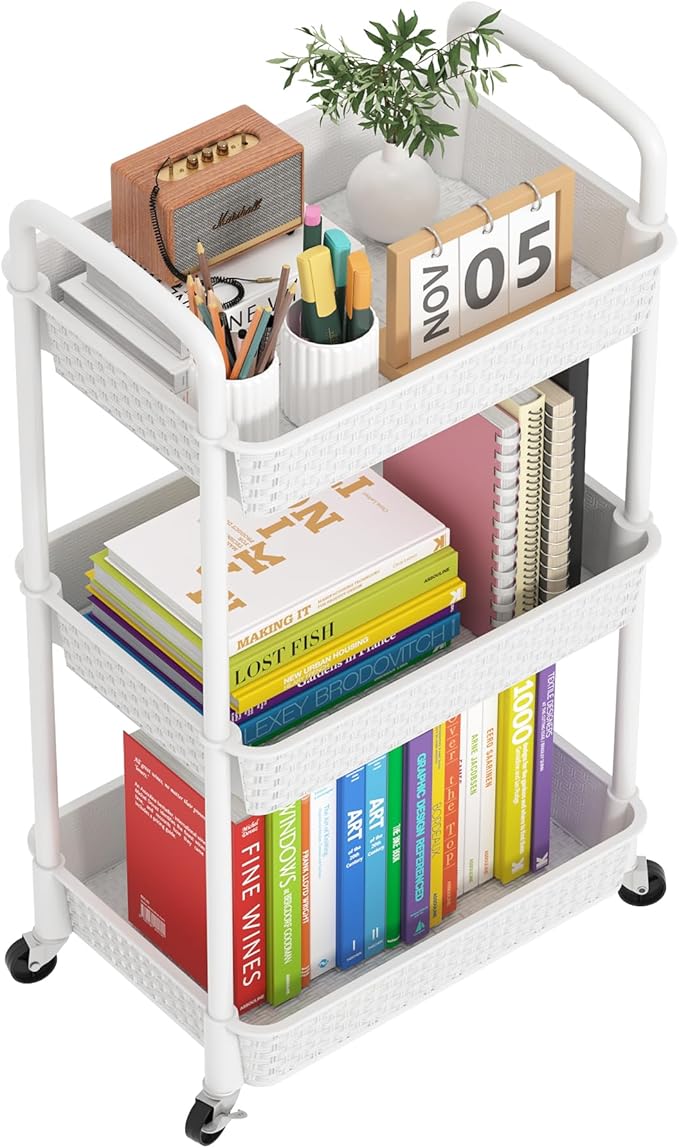 MOYIPIN 3-Tier Plastic Rolling Utility Cart with Handle,Utility Storage Cart for Office, Living Room, Kitchen,Movable Storage Organizer Shelves,White