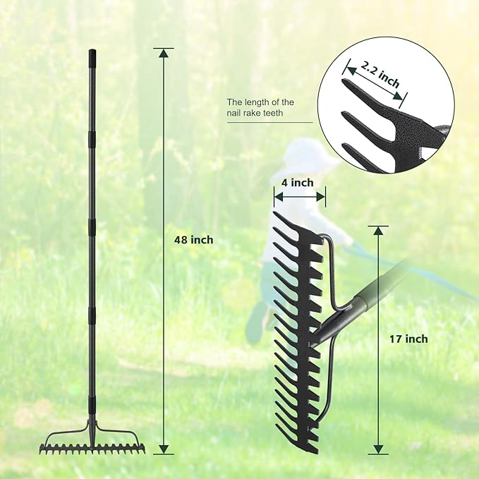 48'' Heavy Duty Garden Rake with Stainless Steel Handle, Metal Head for Loosening Soil, Gathering Leaves, Leveling Lawns