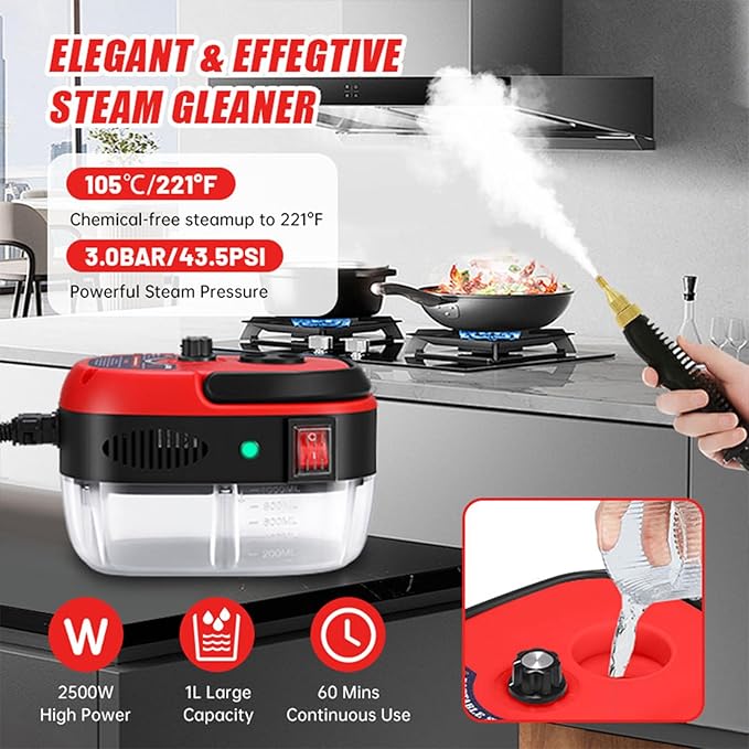 Steam Cleaner, 2500W Portable High Temp Bathroom Power Steamer Cleaning Machine, High Pressure Steamer for Cleaning, Handheld Steam Cleaner for Home For Home Use Kitchen Grease Car Detailing