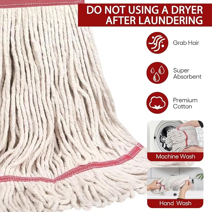 MATTHEW CLEANING Heavy Duty Mop Head Commercial Replacement for General and Floor Cleaning, Wet Industrial Blue Cotton Looped End String Head Refill (Pack of 3) White