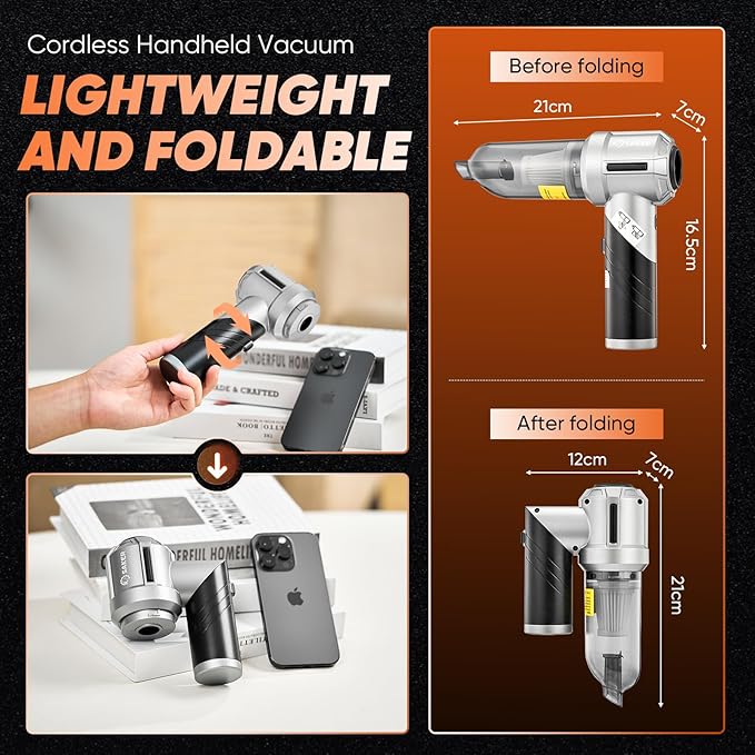 Saker Portable Handheld Vacuum Cordless Portable 17000PA Foldable Car Vacuum Cleaner Mini Dust Blower with Brushless Motor for Office Pet and Home Cleaning HL133