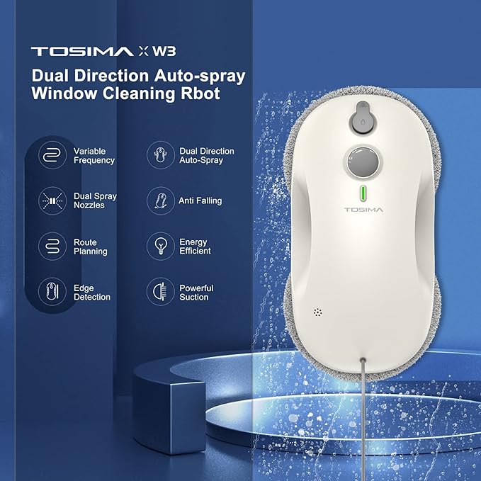 Tosima W3 Window Cleaning Robot - Dual Direction Auto-Spray Smart Window Cleaner with Triple Safety System, Smart Navigation, Remote Control, for All Smooth Surfaces, with 12 Rags, White