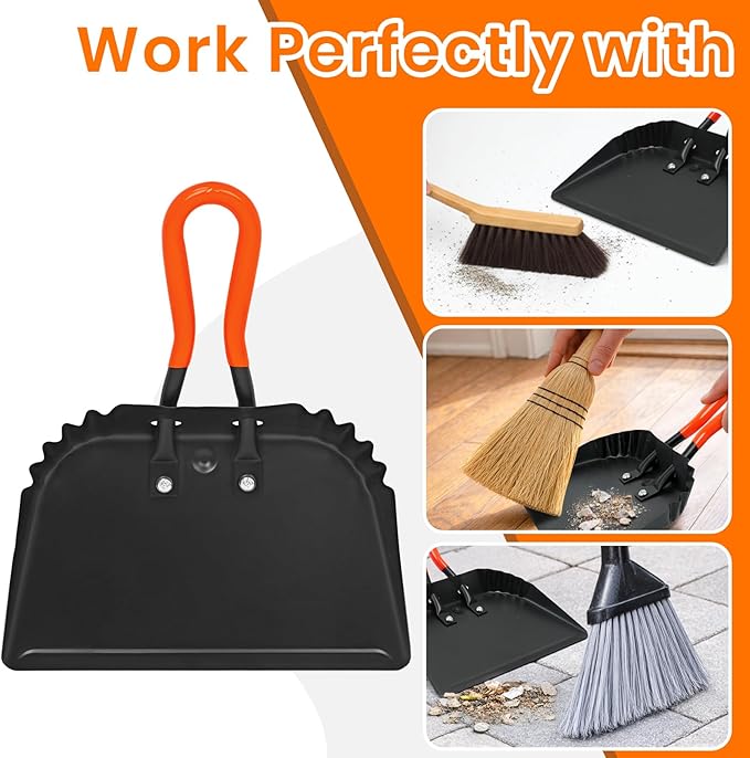 (2PK) Metal Dust Pans Heavy Duty, 12” Outdoor Dustpan with Rubber Handheld Handle, Large Shovel Wide Scooopers for Garage Shop Fireplace Commercial Uses