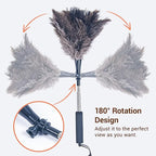 Luxury Black Curved Feather Duster, Extendable Ostrich Feather Cleaning Tool for High Ceilings, Furniture, Blinds, Walls, Soft Fluffy Long Handle Dusting(A13-Black)