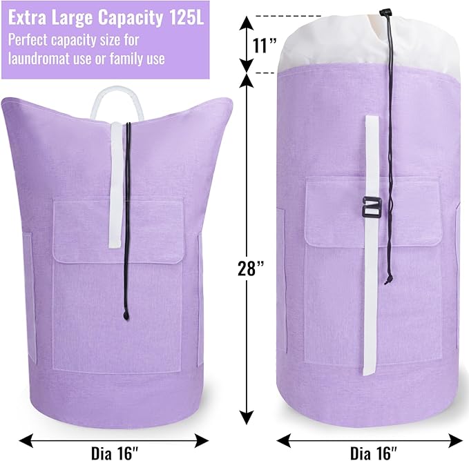 Laundry Bag Backpack, 125L Extra Large Travel with Shoulder Straps, Adjustable & Extendable Design, Laundry Hamper Bag with 3 Pockets for Laundromat, College, Travel, Camping (Purple)