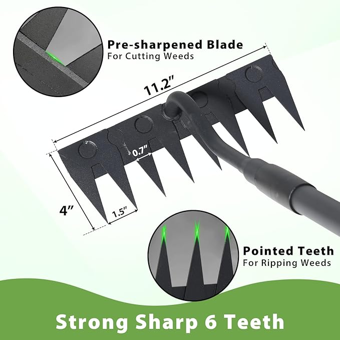 Manual Weeder Tool,8 Tines Garden Weeding Rake with Sharp Blade,55 Inch Long Handle,Heavy Duty Stand Weeding Tool for Weeding Loosening Soil Gathering Leaf Leveling Thatch Rake