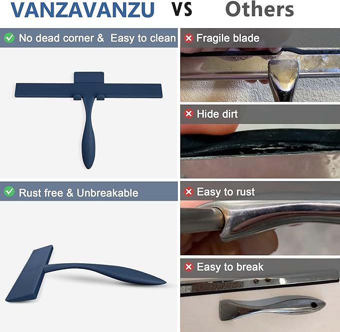 Squeegee for Shower Glass Door, 11-Inch Shower Squeegee for Glass Doors, Bathroom Silicone Squeegees Wiper for Shower with Non-Slip Handle, No-Drilling Silicone Hanging Hook, for Tiles (Dark Blue)