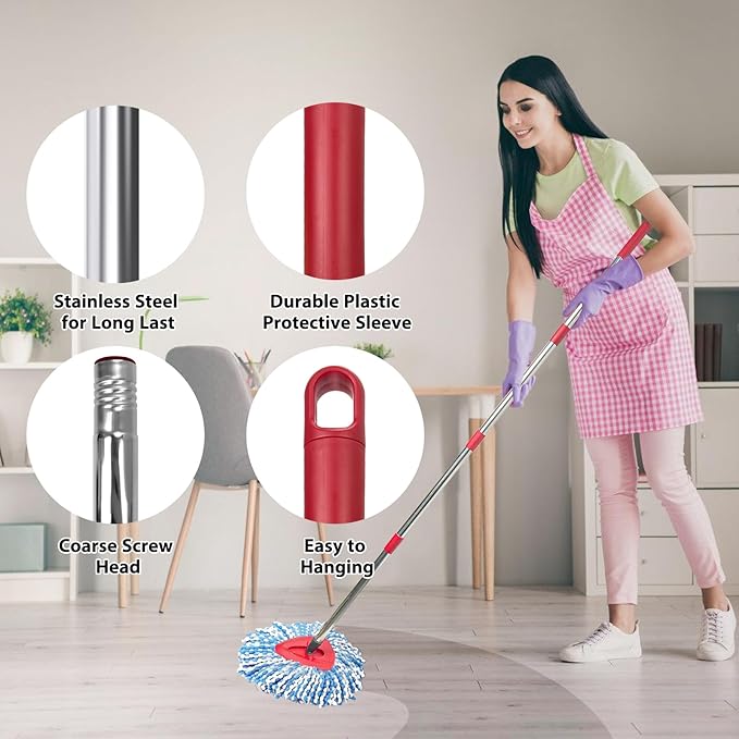 Spin Mop Replacement Set, Includes 2 Mop Head Replacement, 1 Mop Handle (30-58in Adjustable 4-Section Pole), 1 Spin Base