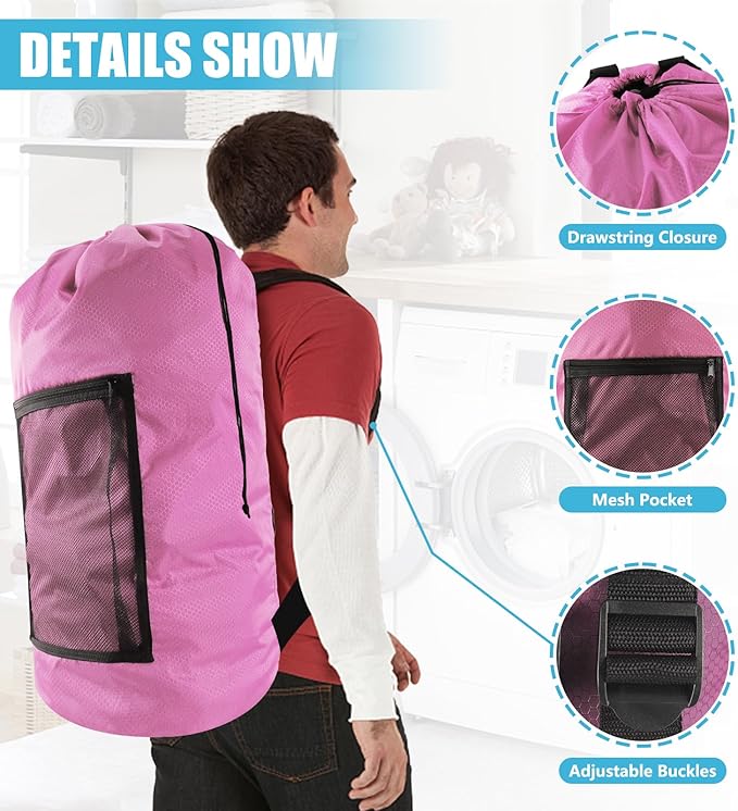 Laundry Bag Backpack, Extra Large Travel Laundry Bag with Mesh Pocket & Adjustable Shoulder Straps,Dirty Clothes Travel Bag for College Students Dorm,Apartment(Pink)