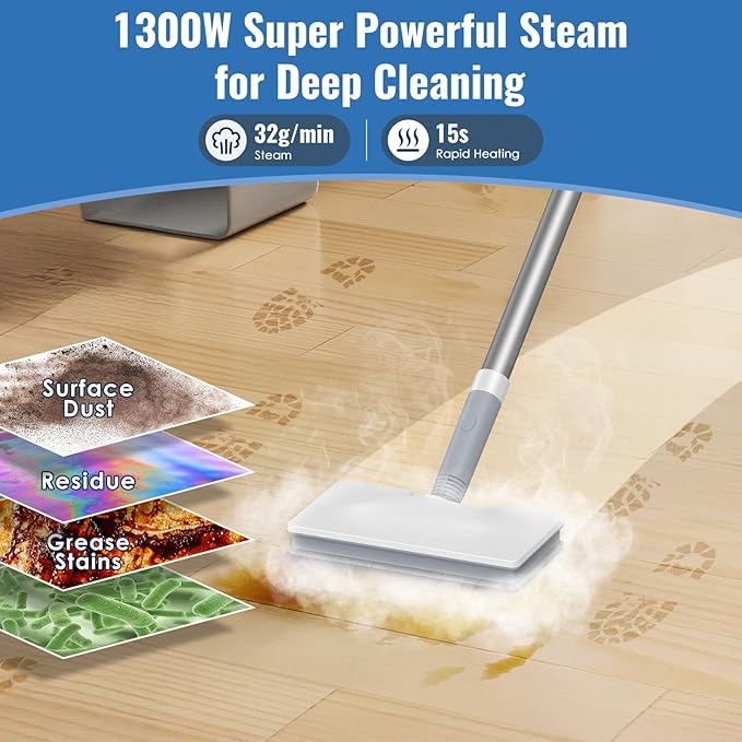 FEPPO Steam Mop & Handheld Steam Cleaner for Home and Floor Cleaning, 15s Heat-Up, 230°F Powerful Steamer with 10-in-1 Multi-Purpose Attachments for Floors, Hardwood,Tiles,Grout,Windows,Kitchen,Bath