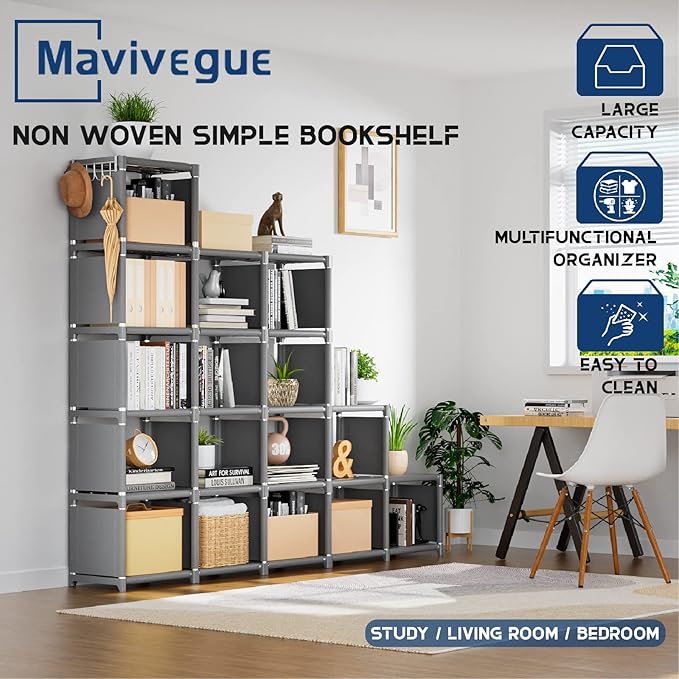 Mavivegue Bookshelf,18 Cube Storage Organizer,Extra Large Book Organizer,Tall Bookcase Shelf,Book Cases/Shelves,Grey Cube Shelf,Cubbies Closet Shelves for Bedroom,Living Room,Home,Office