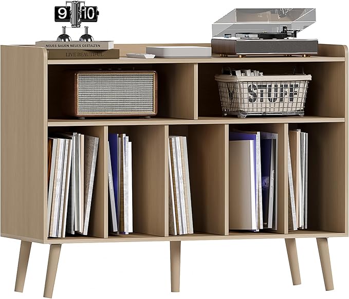 ChooChoo Record Player Stand, Turntable Stand with Vinyl Storage, Record Player Cabinet Up to 350 Albums, Cube Storage Organizer for Living Room, Natural