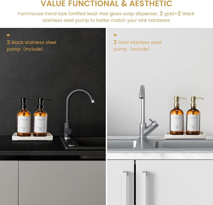 Glass Soap Dispenser for Kitchen Sink,Farmhouse Kitchen Dish Soap Dispenser&Hand Soap Dispenser Set,Rustproof Pump Bathroom Soap Dispenser with Tray,Waterproof Label for Kitchen Decor(Amber