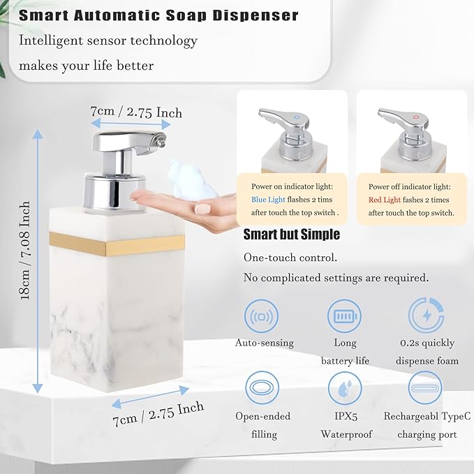 Automatic Soap Dispenser, Touchless Smart Foam Soap Dispenser, USB Rechargeable, 7.6oz / 225ml, Dish Soap Dispenser for Bathroom, Kitchen, Hotel - White & Gold