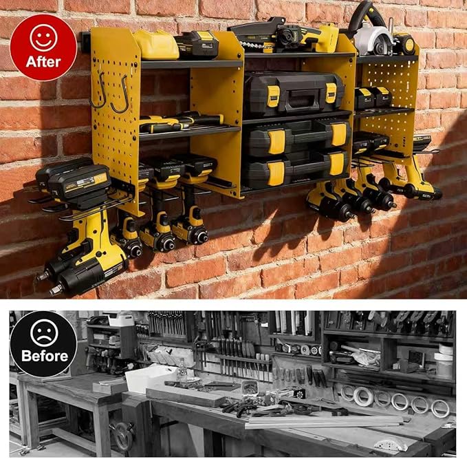 3 layers power tool organizer Loads 150lbs with 10 Cordless Drill Holder and 8 Outlet Power Strip,it’s good choice for husband birthday gift,yellow