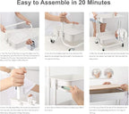 DTK 3 Tier Rolling Utility Cart with Cover Top Board, Movable Kitchen Storage Cart Trolley with Lockable Wheels, Cups, Hooks for Kitchen Bathroom Home Office Art Craft Storage and Organization(White)