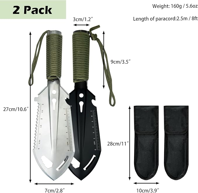 2 Pack Samll Survival Shovel, 9 in 1 Mini Camping Shovel, Ultralight Backpacking Trowel Shovel, Backpacking Gear for Hiking, Camping and Survival Bags (2 Pack)