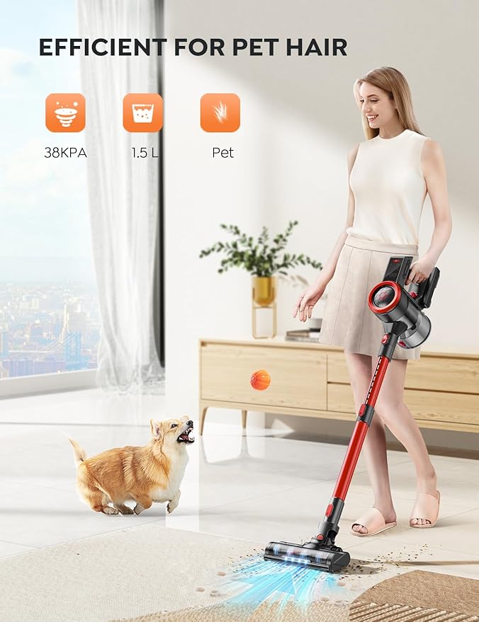 Cordless Cleaner, 450W 38KPA Stick Vacuum with Brushless Motor, Up to 55Mins, Smart Color Touch Display, Rechargeable Cordless Vacuum, Household Handheld Vacuum for Pet Hair/Carpet/Hard Floor
