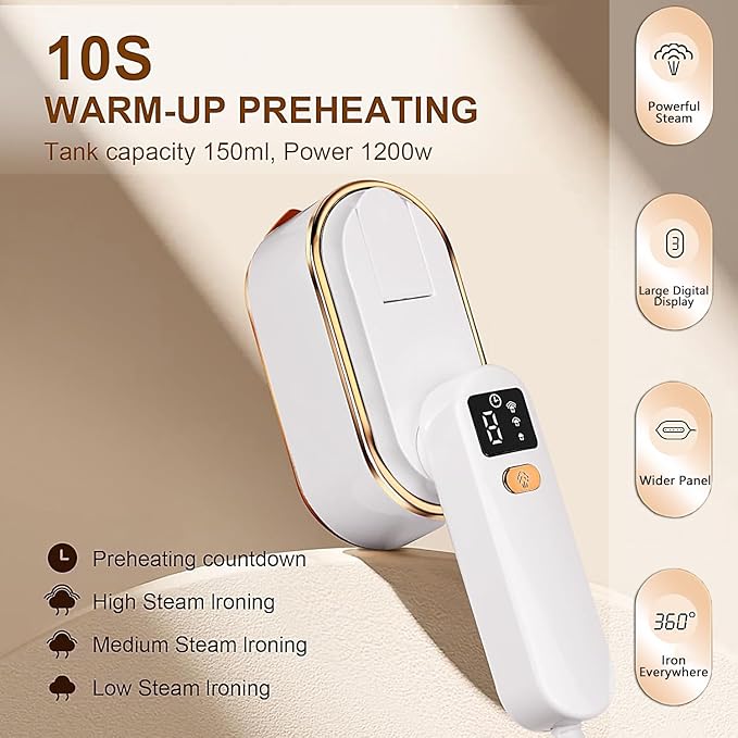 Steamer for Clothes, Wall Mounted Wet Dry Dual-purpose Portable Ironing Machine, 3 Level Adjustable Digital Display Screen 1200W High-power Steam Iron, Suitable for Home, Travel & Dormitory (White)