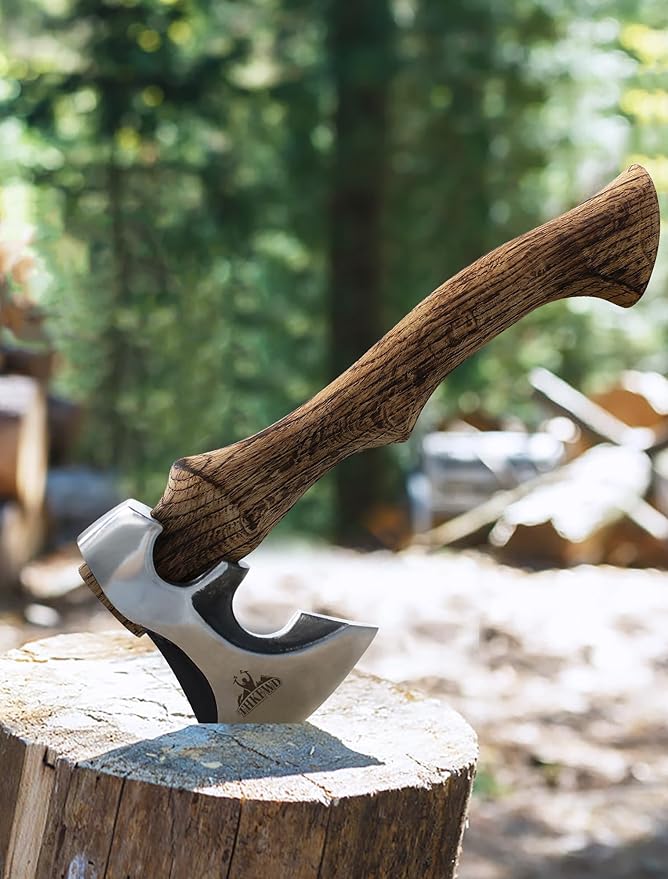 Camping Hatchet -Chopping Axe with Leather Sheath, 13.8" Forged Carbon Steel Wood Splitting Axe for Chopping Camping Survival