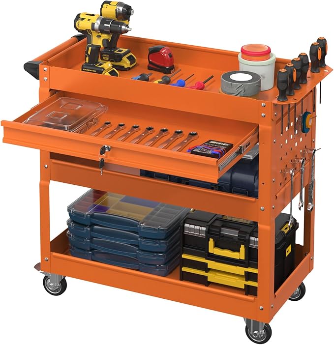 3 Tier Rolling Tool Cart with Drawer, 450 LBS Heavy Duty Utility Cart on Wheels, Service Cart for Garage, Workshop and Warehouse (Orange)