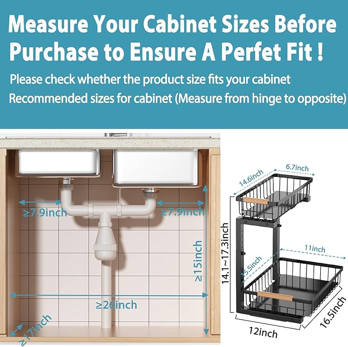 Under Sink Organizer Storage 1 pack, 2 Tier Slide Out Height Adjustable Pull Out Cabinet Organizer Drawers, Kitchen Bathroom Large Capacity Metal Under Sink Rack Caddy Basket Shelves, Black