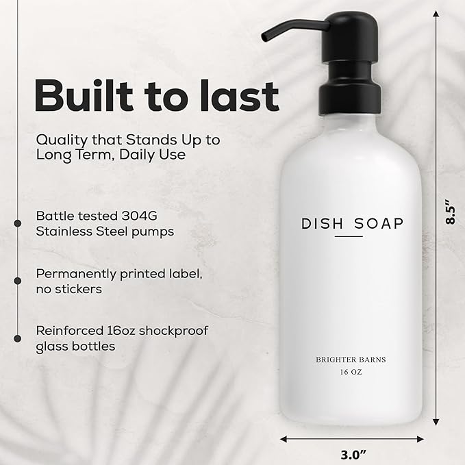 White Glass Hand and Dish Soap Dispenser Set by Brighter Barns - Kitchen Soap Dispenser & Stainless Steel Pump - Glass Bottles for Kitchen Sink - Farmhouse Home Decor, Bathroom Accessories (White)