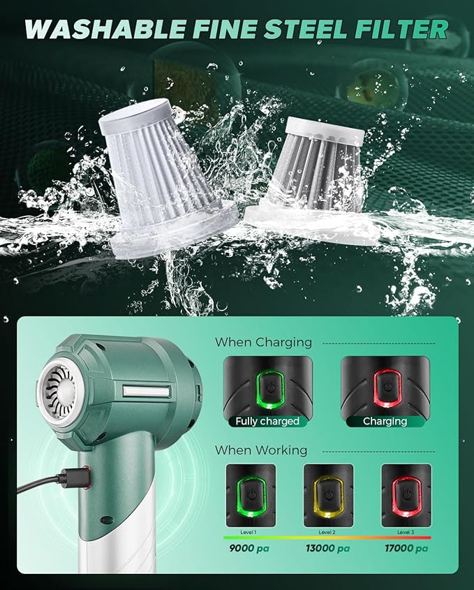 Saker Foldable Handheld Car Vacuum Cleaner Portable Cordless, 17000PA High Power Mini Vacuum Cleaner and Air Duster with Brushless Motor for Home,Cars,Office Cleaning HL133 Olive Green