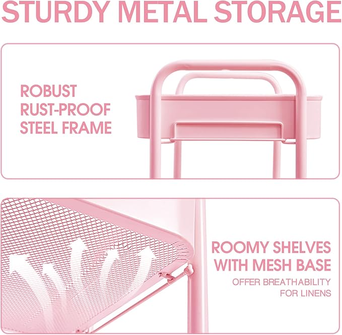 TOOLF 3-Tier Metal Rolling Cart with Wheels, Storage Utility Organizer Cart for Kitchen, Bathroom, Office, Baby Essentials & Makeup - Lockable Casters, Easy Assembly, Large Capacity, Pink